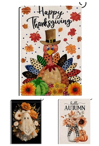 Three-piece garden flag set with turkey, pumpkin and ghost designs on linen fabric
