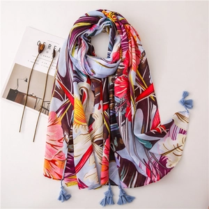 Écharpe Châle En Coton Polyester À Imprimé Floral Oiseaux Tropicaux Avec Franges Gland Plage Protection Solaire Voyage Femmes
