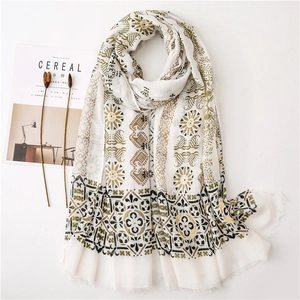 Boho cotton linen shawl with gold foil paisley print and fringe edges for beach travel