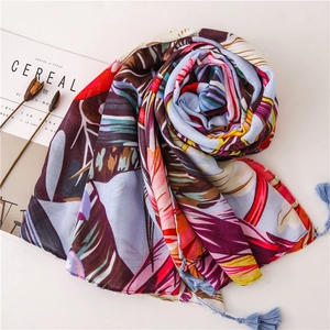 Écharpe élégante en coton et lin avec imprimé floral tropical, oiseaux et glands doux