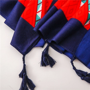 Detailed view of geometric jacquard knitting with navy blue fringes on ethnic shawl