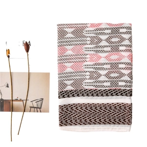 Lightweight cotton linen shawl with geometric prints and coral accents on white base