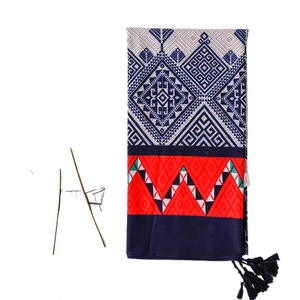 Ethnic geometric print lightweight scarf with blue tassels for sun protection shawl