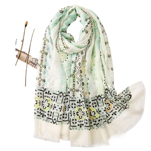 Bohemian paisley linen scarf in beige and mint green for desert travel and beachwear