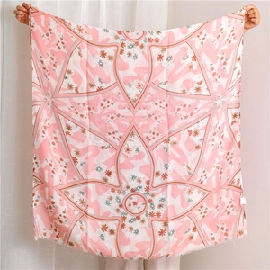 Pink square floral shawl with symmetric geometric borders in lightweight chiffon fabric