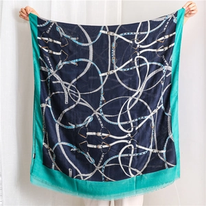 Navy and teal cotton-linen scarf featuring vintage horsebit chain and belt prints