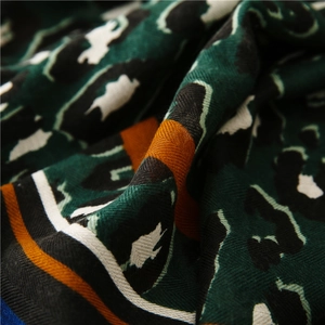 Macro shot of colorful leopard print scarf showing detailed twill weave and soft texture