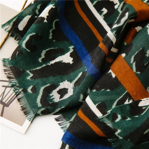 Macro detail of multicolored leopard print scarf with soft cotton-linen texture and frayed edges