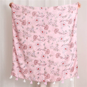 Floral Print Cotton Linen Scarf Shawl With Tassels For Women Thin Sun Protection Beach Wrap Bohemian Vintage Style