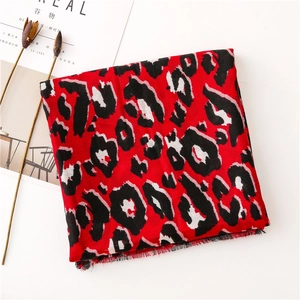 Close-up of red leopard print scarf with soft textures and decorative short tassels