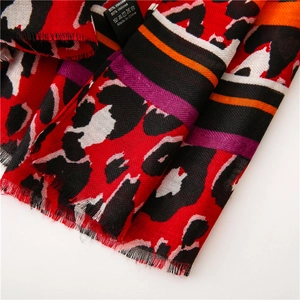 Detailed macro shot of the leopard print viscose scarf fabric and care label
