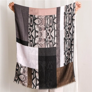 Women Fashion Scarf Snake Skin Print Color Block Cotton Linen Feel Viscose Large Shawl Wrap Frayed Edge Versatile