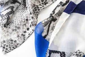Close-up of leopard pattern scarf showing fine stitching and grey blue patchwork detail