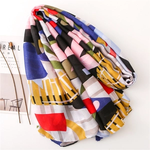 Abstract tropical print long scarf for women with colorful geometric color blocks