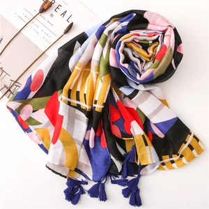 Abstract tropical plant print long scarf with tassels and colorful geometric patterns