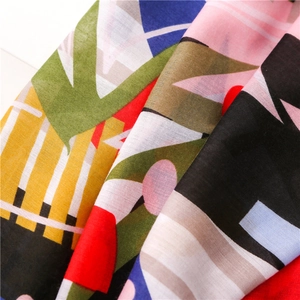 Abstract tropical plant print scarf in colorful lightweight cotton-linen blend for women