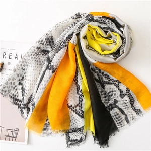 Macro detail of leopard pattern scarf with yellow geometric blocks and fringed edges