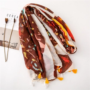 Brown long silk scarf with colorful butterfly print and yellow tassels on white background