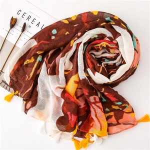 Artistic earth-tone long scarf with butterfly print and yellow tassels for summer