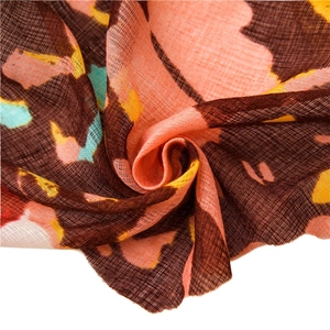 Brown long silk scarf with butterfly print and coral yellow abstract patterns