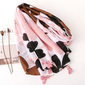 Floral print cotton linen scarf with pink tassels and bohemian flower pattern