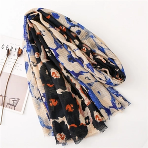 Abstract print cotton linen scarf with leopard color blocking and tassel fringe