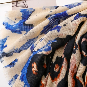 Abstract print cotton linen scarf with leopard motif and fringe trim for women