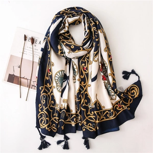 Elegant navy blue satin scarf featuring vintage horse carriage print and corner tassels