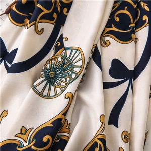 Close-up of silk-textured twill fabric with classical carriage wheel print and scroll patterns