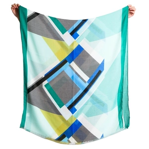 Abstract geometric chiffon scarf with vibrant blue and yellow blocks and frayed edges