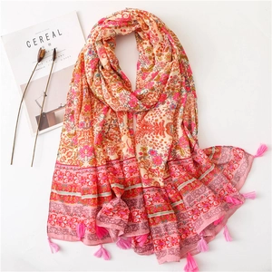 Bohemian Floral Scarf Shawl Mercerized Cotton Tassel Ethnic Print Summer Sun Protection Beach Wrap For Women