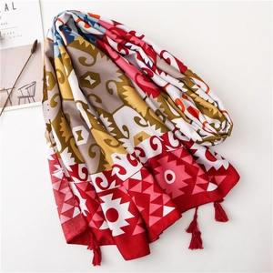 Ethnic style cotton linen scarf with colorful geometric prints and tassels for women