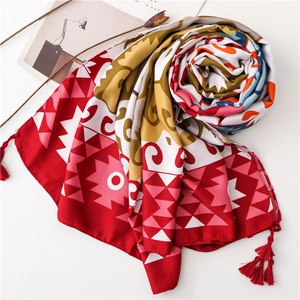 Bohemian multicolored cotton linen scarf with geometric ethnic prints and red tassels