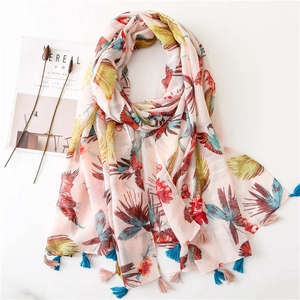 Women Cotton Voile Shawl Scarf Tropical Bird Floral Print Beach Sun Protection Lightweight Wrap With Tassels Boho Scarf