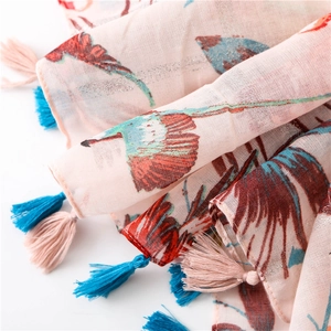 Lightweight pink sun shawl with floral print, silver silk accents and fringe details