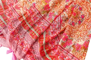 Ethnic style cotton linen scarf with floral print and pink tassels for beach sun protection