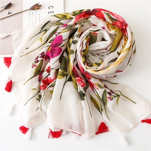 Floral print cotton linen scarf with red tassels, ivory vintage shawl for beach wear