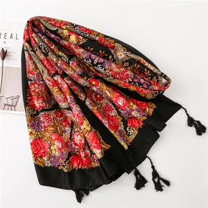 Black floral long scarf shawl with tassels and ethnic rose patterns for beach sun protection