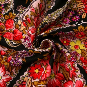 Floral black scarf with red and yellow ethnic paisley print in soft twill fabric