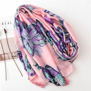 Écharpe châle à imprimé floral rose avec pompons pour femmes au toucher coton et lin
