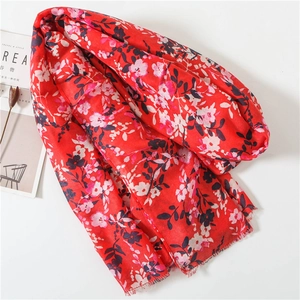 Red cotton linen floral scarf with tassels and vintage Chinese style print pattern