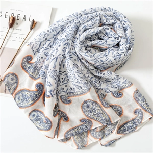 Soft cotton scarf with vintage blue floral and orange paisley patterns on white base