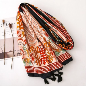 Linen cotton scarf with floral print and red Xi character for summer beach vacation
