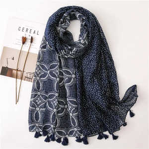 Écharpe Châle Longue Imprimé Totem Floral Bleu Blanc Femme Voile Coton Léger Glands Bohèmes Ethniques Solaire