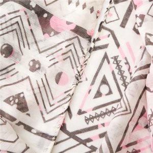 Lightweight cotton linen scarf featuring pink and grey geometric patterns on white fabric