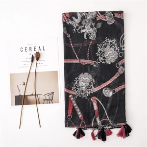 Baroque print scarf in black with elegant tassels and vintage pattern design