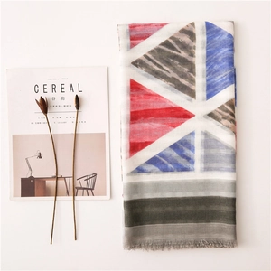 Detailed view of colorful geometric pattern scarf with soft fringe trim and tassel edges