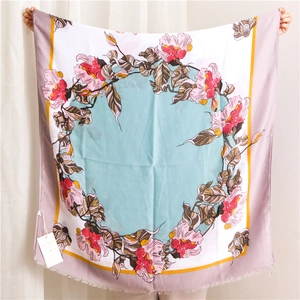 Lightweight cotton linen scarf with vintage floral vine print and soft fringe trim
