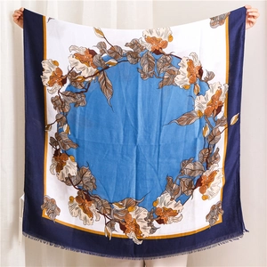 Large vintage floral print cotton linen scarf with tassels and elegant sky blue ring pattern