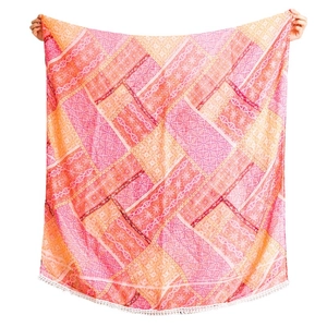 Écharpe bohème en coton et lin avec bordure en dentelle blanche et motifs colorés
